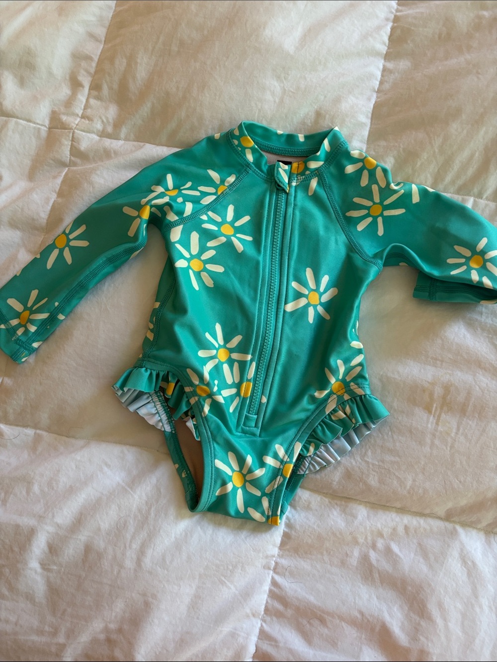 Tea Collection Teal Daisy Zip-Front Long-Sleeve Swimsuit